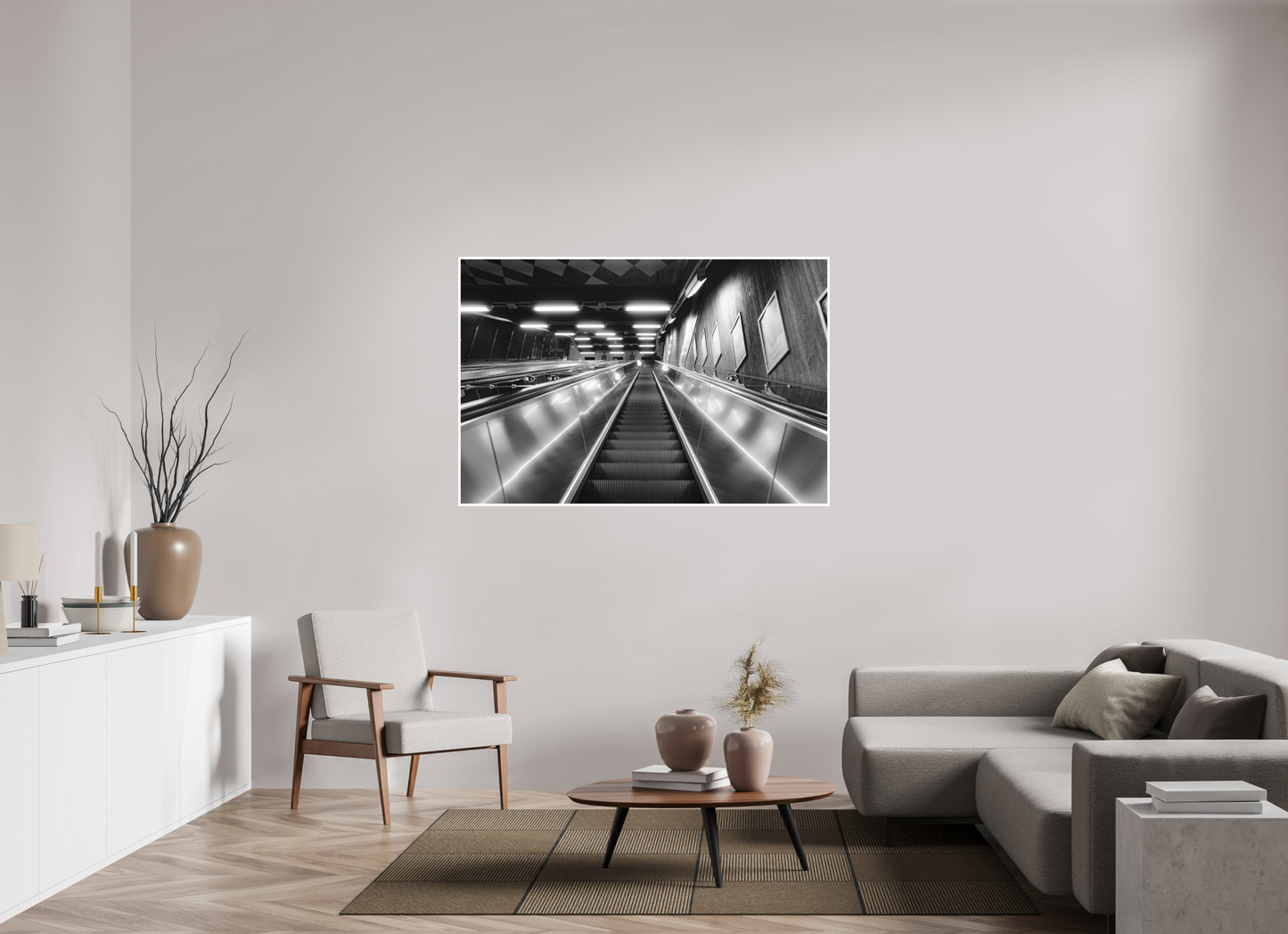 150 x 100 cm, Fine Art N&B seul Tirage Fine Art noir et blanc – Escalator urbain contemporain