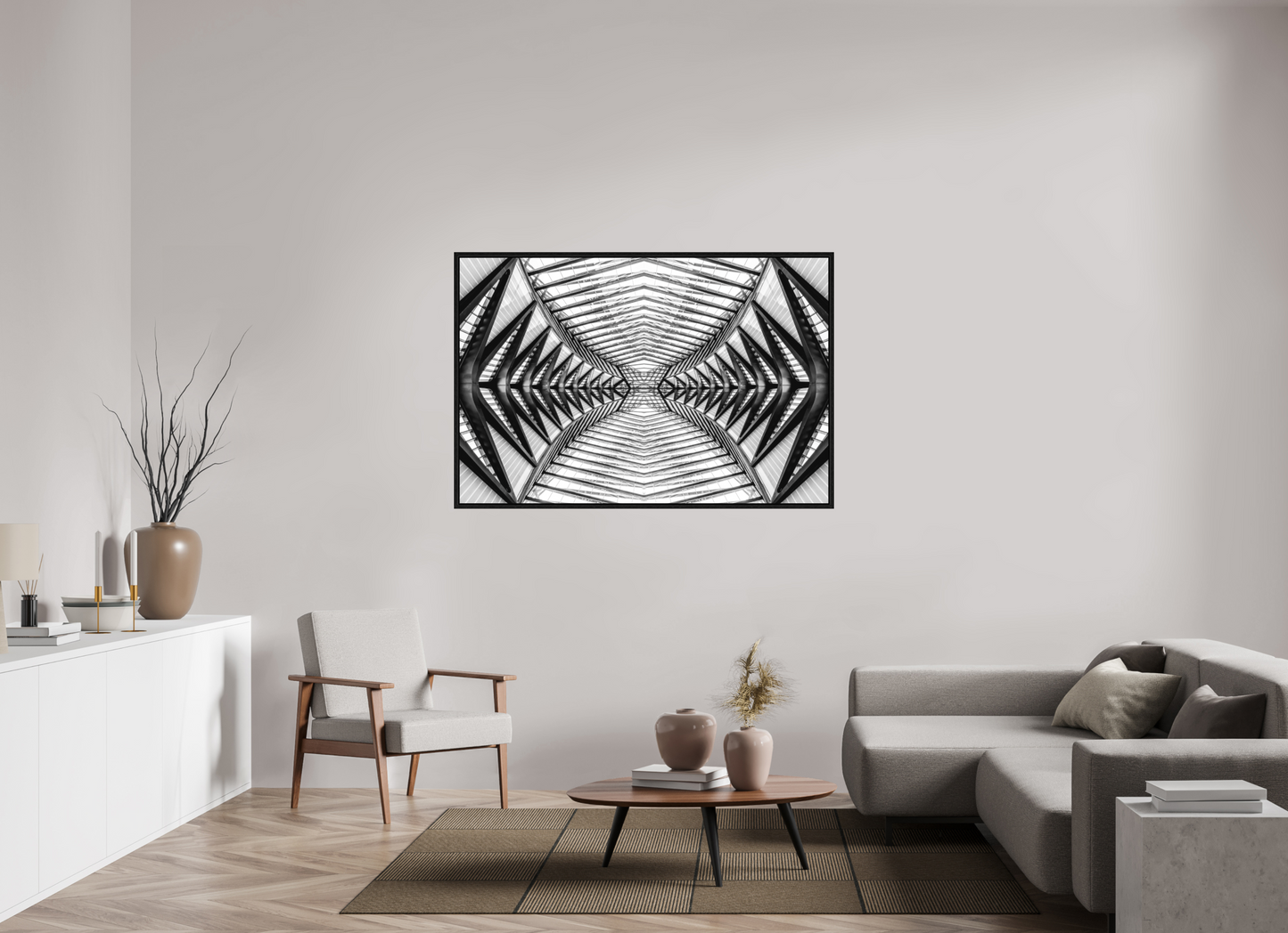 150 x 100 cm, Fine Art N&B en Caisse américaine Noire Symétrie Métallique