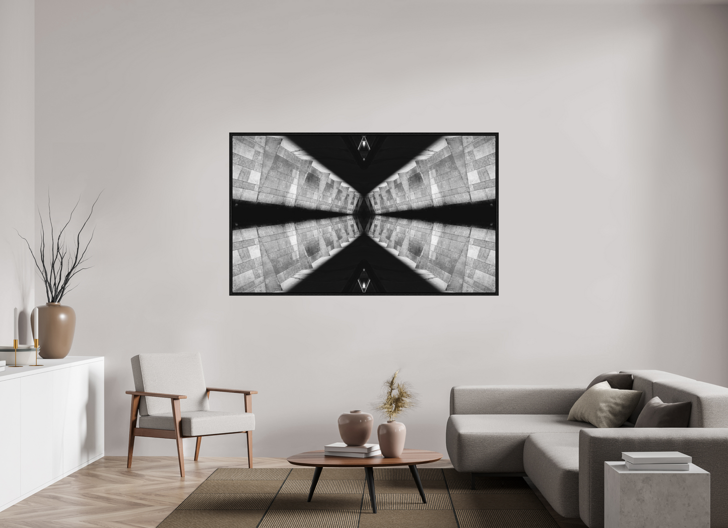 184,5 x 110 cm, Tirage grand format dans caisse américaine vortex parallele architecture abstraite noir blanc
