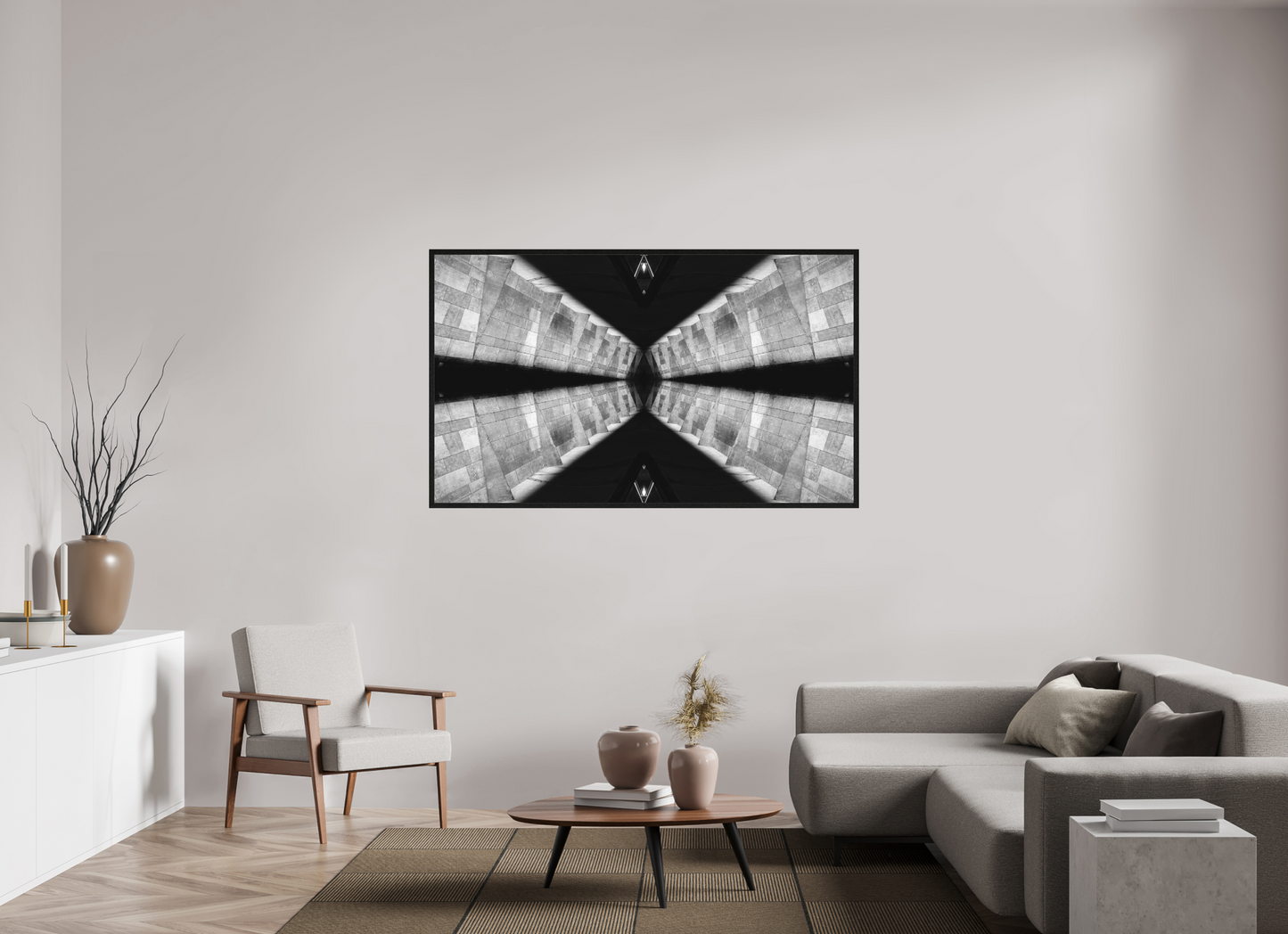 167,7 x 100 cm, Tirage grand format encadré vortex parallele architecture abstraite noir blanc