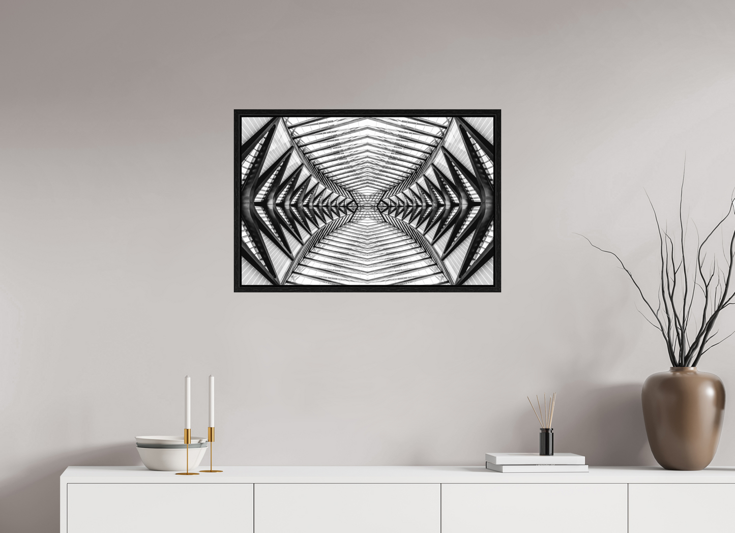 75 x 50 cm, Fine Art N&B en Caisse américaine Noire Symétrie Métallique