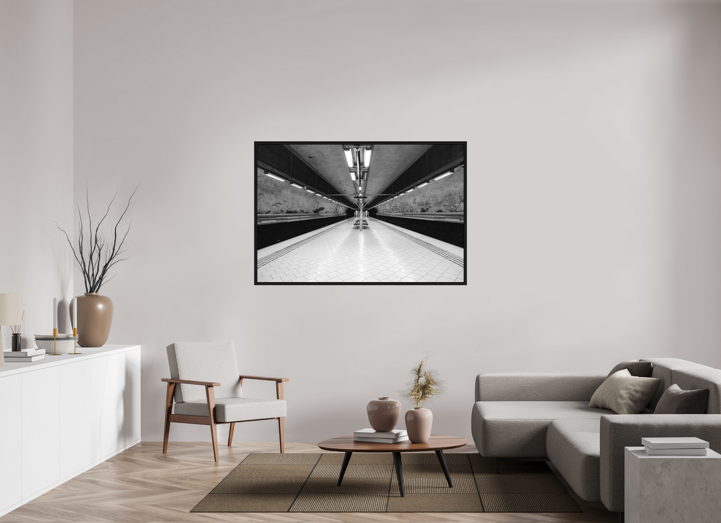 150 x 100 cm, Fine Art N&B en Caisse américaine Noire Photo d’art – Station Silencieuse