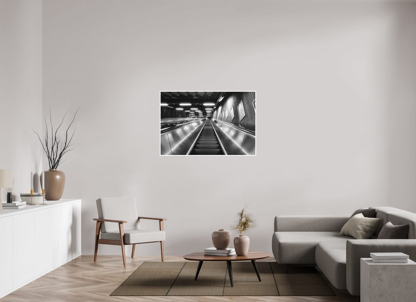 120 x 80 cm, Fine Art N&B seul Tirage Fine Art noir et blanc – Escalator urbain contemporain