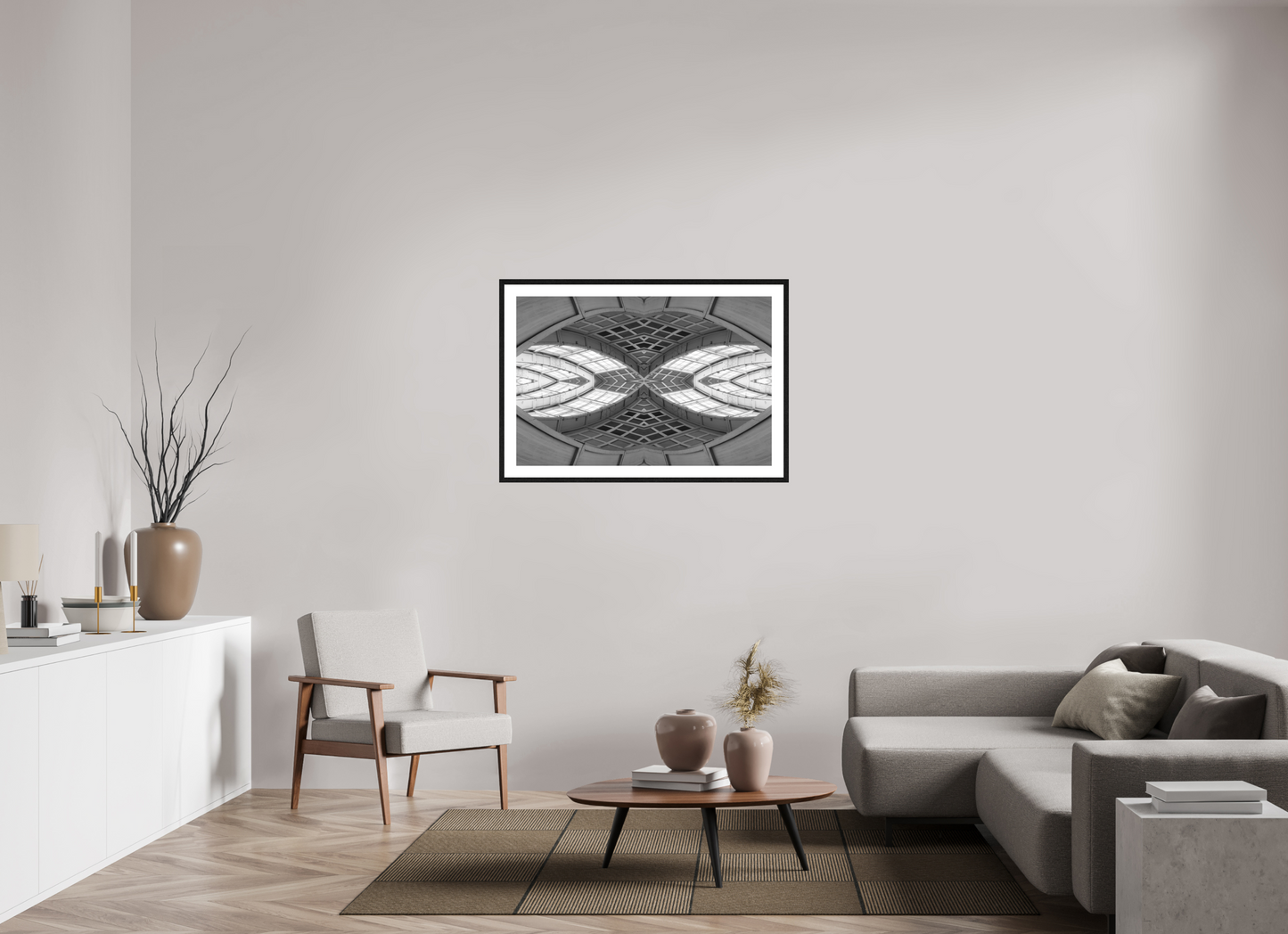 105 x 70 cm, Fine Art N&B Cadre noir Cathédrale Géométrique