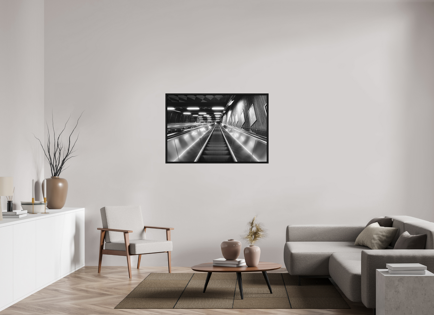 120 x 80 cm, Fine Art N&B en Caisse américaine Noire Tirage Fine Art noir et blanc – Escalator urbain contemporain