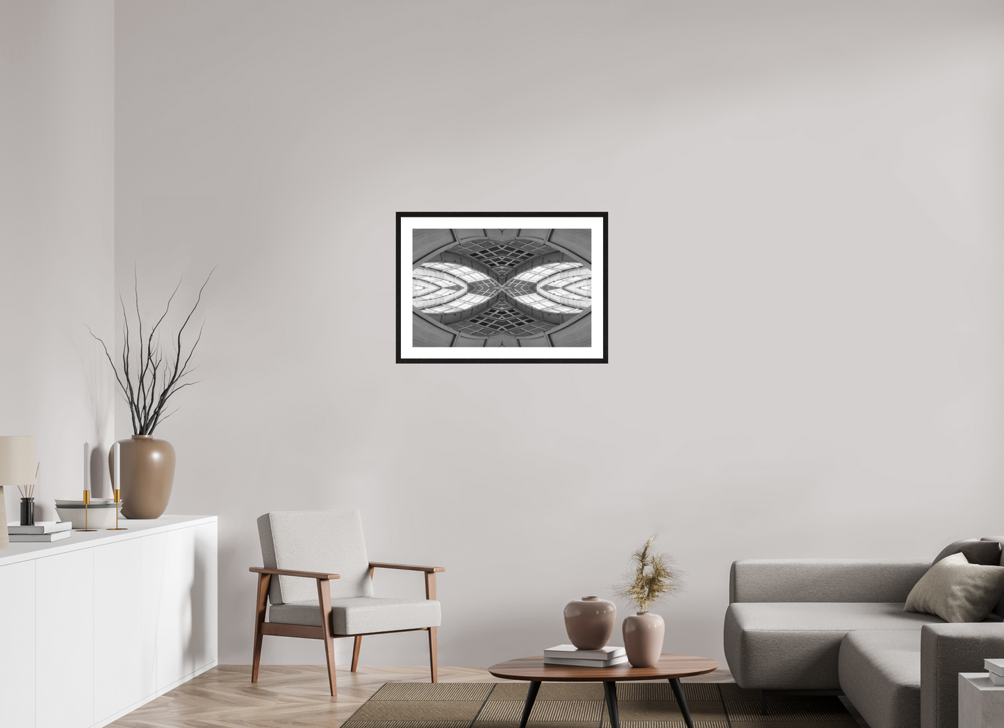 75 x 50 cm, Fine Art N&B Cadre noir Cathédrale Géométrique